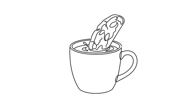 Biscotti cookie dipping into a warm cup of coffee depicted with a minimalist black and white outline.