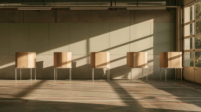 Midterm elections voting booths in a quiet fire station bay, featuring a worn concrete floor with copy space for a county explainer