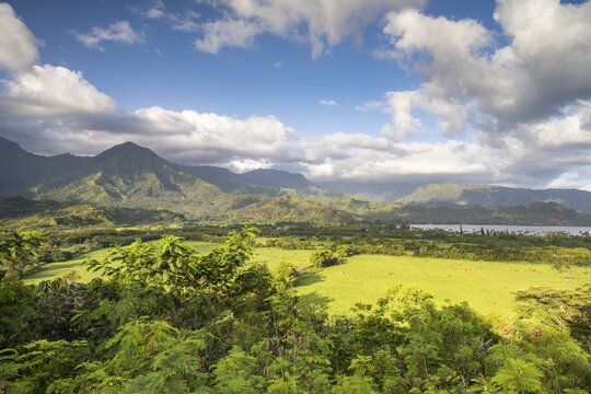 View of Hanalei Valley, fields and mountains, Hanalei, Kauai, Hawaii, USA