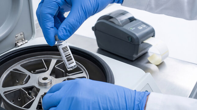 Gloved hands lower a labeled sample vial into a centrifuge rotor rack beside a handheld label printer