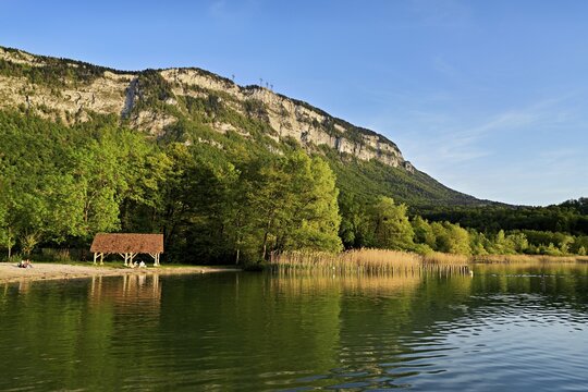 Lac d'Aiguebelette, large natural lake at the foot of the &Eacute;pine Mountains, Aiguebelette-le-Lac, Savoie Department, France