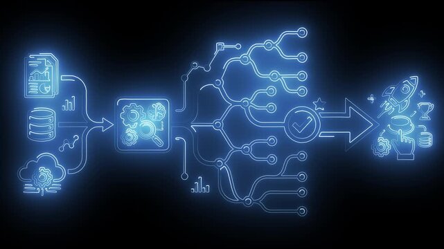 Neon Blue Big Data Processing Neural Network Decision Tree and Product Launch Motion Graphic