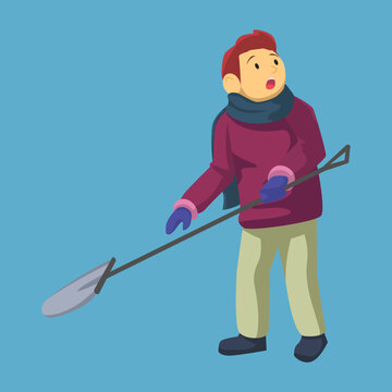 Cartoon man in winter clothing holding a snow shovel, dressed in a red sweater, scarf, and gloves.