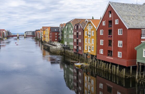 Colourful historic warehouses by the river Nidelva, Trondheim, Tr&oslash;ndelag, Norway