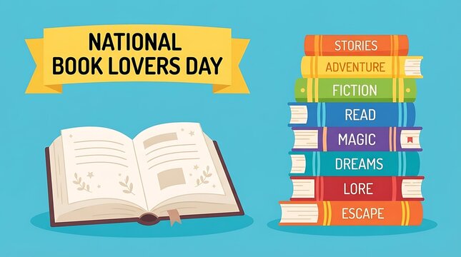 National book lovers day illustration with open book and stack of colorful books