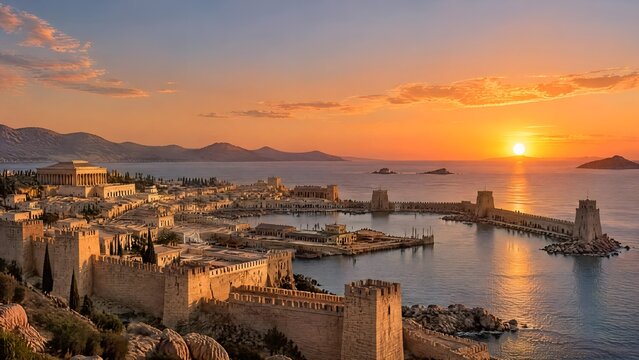 Reconstrucci&oacute;n de la Antigua Cartagena y su Puerto Fortificado al Atardecer