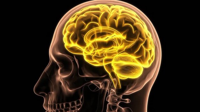 3D medical animation of a glowing yellow human brain inside a translucent skull and head profile against a dark background