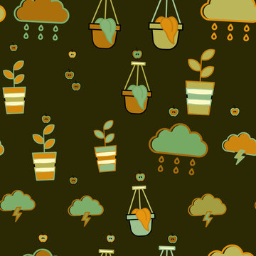 Seamless pattern of potted plants, clouds, and apples