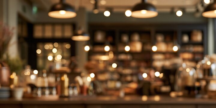 Retail interior with a blurred shop counter and warm brass accents, featuring a soft muted palette and ample copy space for layout and compositing