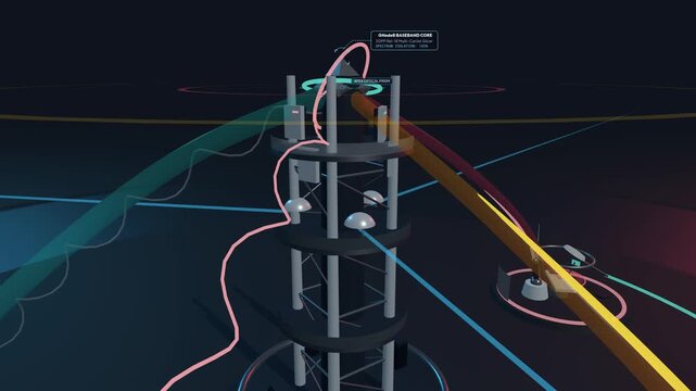 3D animation of 5G and 6G unified network slicing technology, demonstrating spectrum virtualization with connections to autonomous freight, tele-surgery, and massive IoT smart city infrastructure