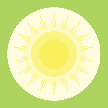 Abstract sun illustration with glowing yellow rays and concentric circles on a bright green background.