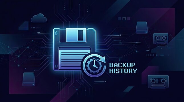 Floppy disk icon with backup history text.