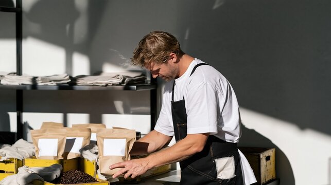 Barista refilling a coffee hopper in a cafe prep corner, natural view of a man in a repaired apron with kraft bags for small business mockup