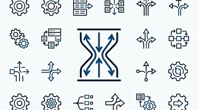 Pattern of technical flowcharts and process gear icons.