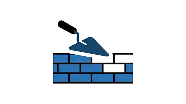 Trowel laying blue and white bricks on wall.