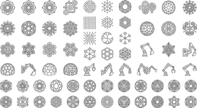 Intricate geometric patterns and robotic arms are displayed as a vector illustration