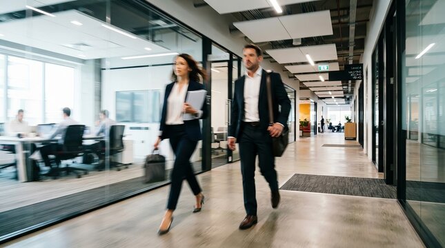 Professional Business Man and Woman Walking Down the Office Hallway During a Working Daytime Shift