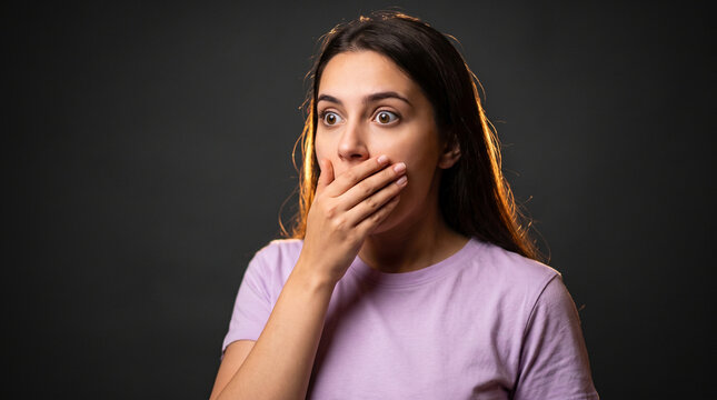 Shocked young woman covering her mouth in amazement