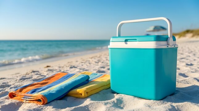 A teal portable cooler sitting on a sandy beach next to colorful folded towels under a bright sunny sky