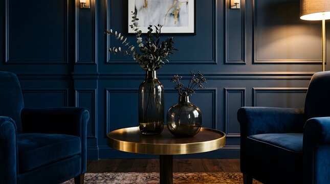 Sophisticated living room interior featuring dark blue paneled walls and elegant brass accents with cozy velvet seating