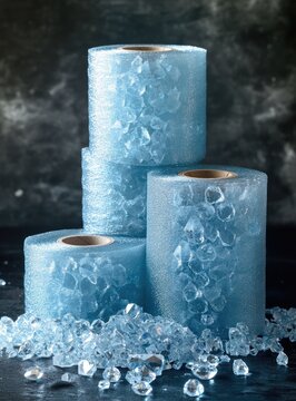 Rolled-up, light-blue material, iced, stacked on dark surface