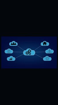 Digital cloud computing network diagram graphic showing centralized data management connectivity and system infrastructure concept with icons representing various connected services.