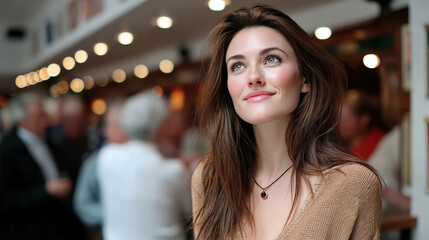 Obraz premium Young woman brown hair smiling casual sweater necklace indoor cafe warm light candid happy