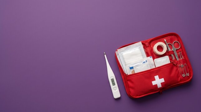 First aid kit with digital thermometer on purple background for medical and wellness branding