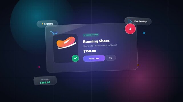 Modern glassmorphism e commerce checkout interface with product card animation