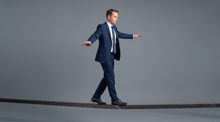 Fototapeta premium Professional businessman balancing on narrow beam demonstrating focus and precision in modern office setting