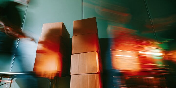 Stacked donation crates in a warm amber glow within a community hall, featuring soft sage green walls for nonprofit and charitable giving