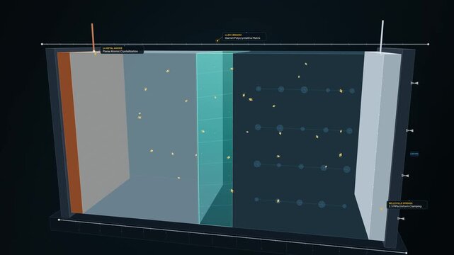 3D animation showing the internal workings of a solid state battery for electric vehicles highlighting ion flow through ceramic electrolyte and components like lithium metal anode and cathode