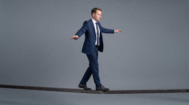 Professional businessman balancing on narrow beam demonstrating focus and precision in modern office setting