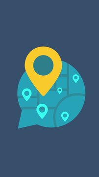 Multiple location pins appear on digital map, suited to travel planning, store locator, delivery routes and location services. Vertical 4K motion graphic with clean deep blue background.