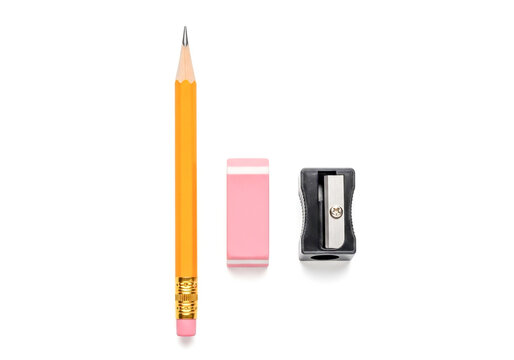 Yellow pencil with pink eraser and sharpener