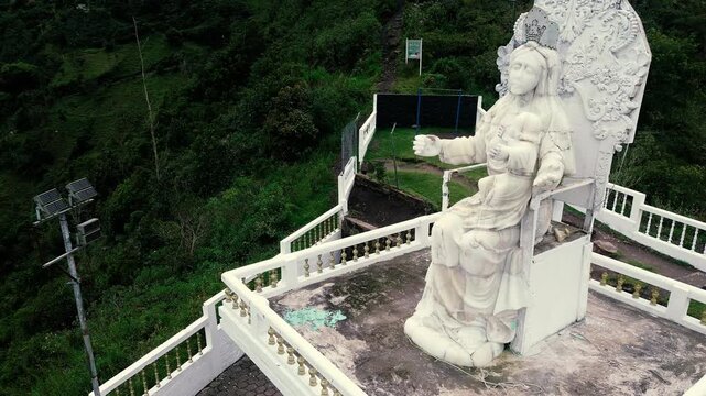 Aerial View of Winged Virgin Statue on El Panecillo in Quito Ecuador, Historic Landmark, City Monument and High Altitude South American Travel Scene