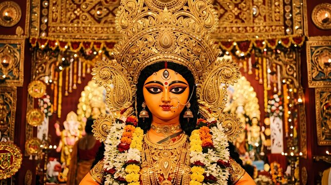 Exquisite Golden Jagaddhatri Idol Adorned with Elaborate Traditional Jewelry Decorations