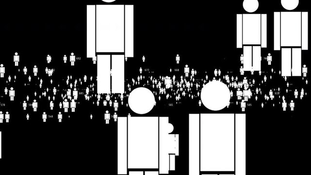 Abstract people icons and statistical data display presenting population demographics and statistical analysis metrics.