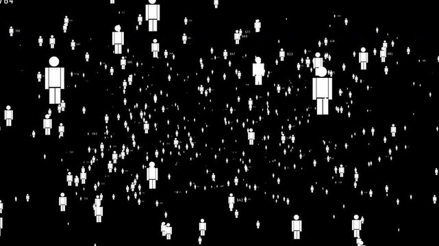 Dynamic population data visualization featuring abstract people icons and statistical metrics for demographic and sociological research.
