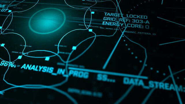 Close-up of a futuristic sci-fi target acquisition HUD interface featuring tracking systems, AI data analysis, and surveillance telemetry.