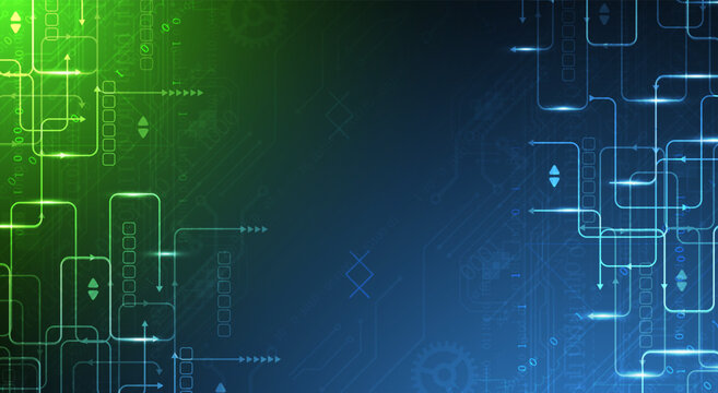 Abstract technology background with glowing electronic circuit board and data flow network
