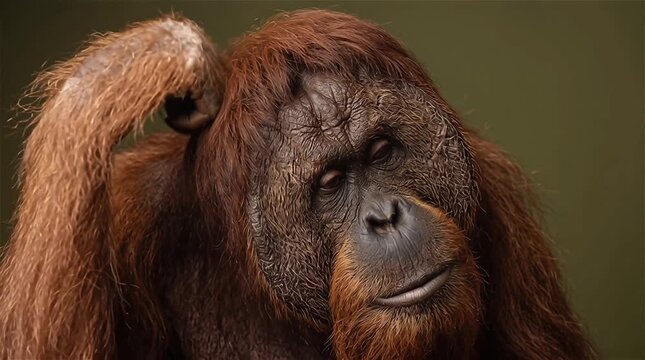 Wise Orangutan Portrait Thinking Close Up Video