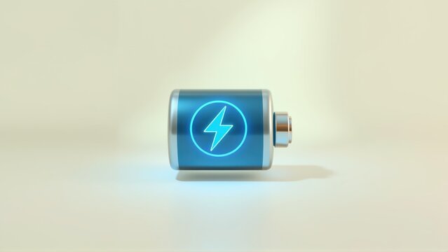 Blue battery illustration shows full charge. Bright lightning bolt symbol indicates power source. Simple design, clean background.