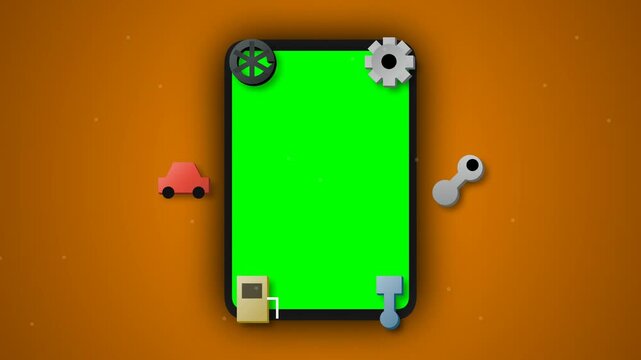 Digital Tablet Animation With Car Repair Icons Moving Around Green Screen For Automotive Maintenance Service Software And Mechanic Workshop Marketing