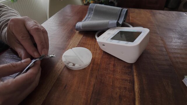 Home patient removes tablets from a foil pack and counts them into a daily dosage box, illustrating medication management, treatment adherence and routine healthcare.