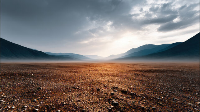 Vast empty desert landscape, dramatic sky, distant mountains, rocky ground, serene, sunrise light