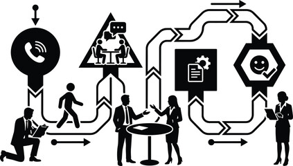 Fototapeta premium Customer journey map and business service workflow showing communication process to satisfaction vector illustration