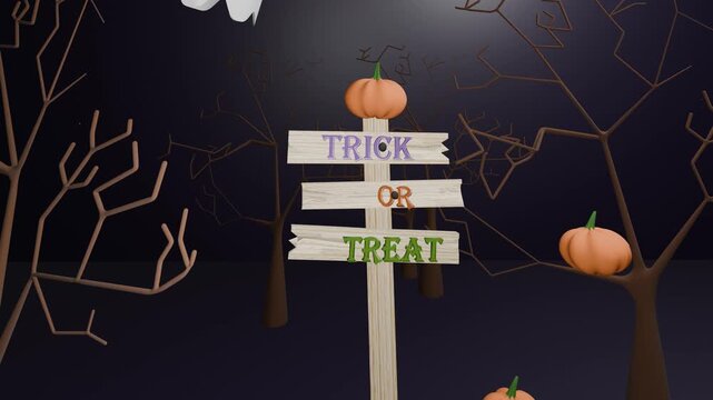 Halloween rickety broken old wooden signpost with friendly ghost 3d 4k animation