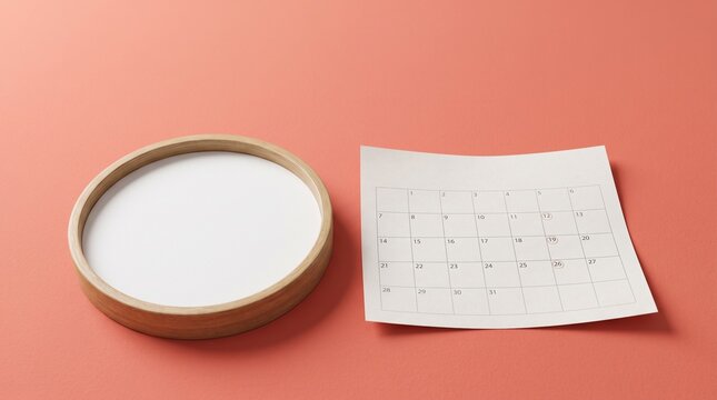 Empty wooden bowl with white liquid beside handwritten calendar notes on neutral background