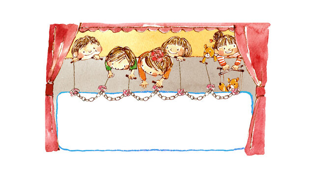 人形劇と子どもたちの手描き水彩舞台フレームイラスト（発表会・劇・舞台・枠・背景透過）
Puppet show and children hand-drawn watercolor stage frame illustration (play, performance, border, transparent PNG)